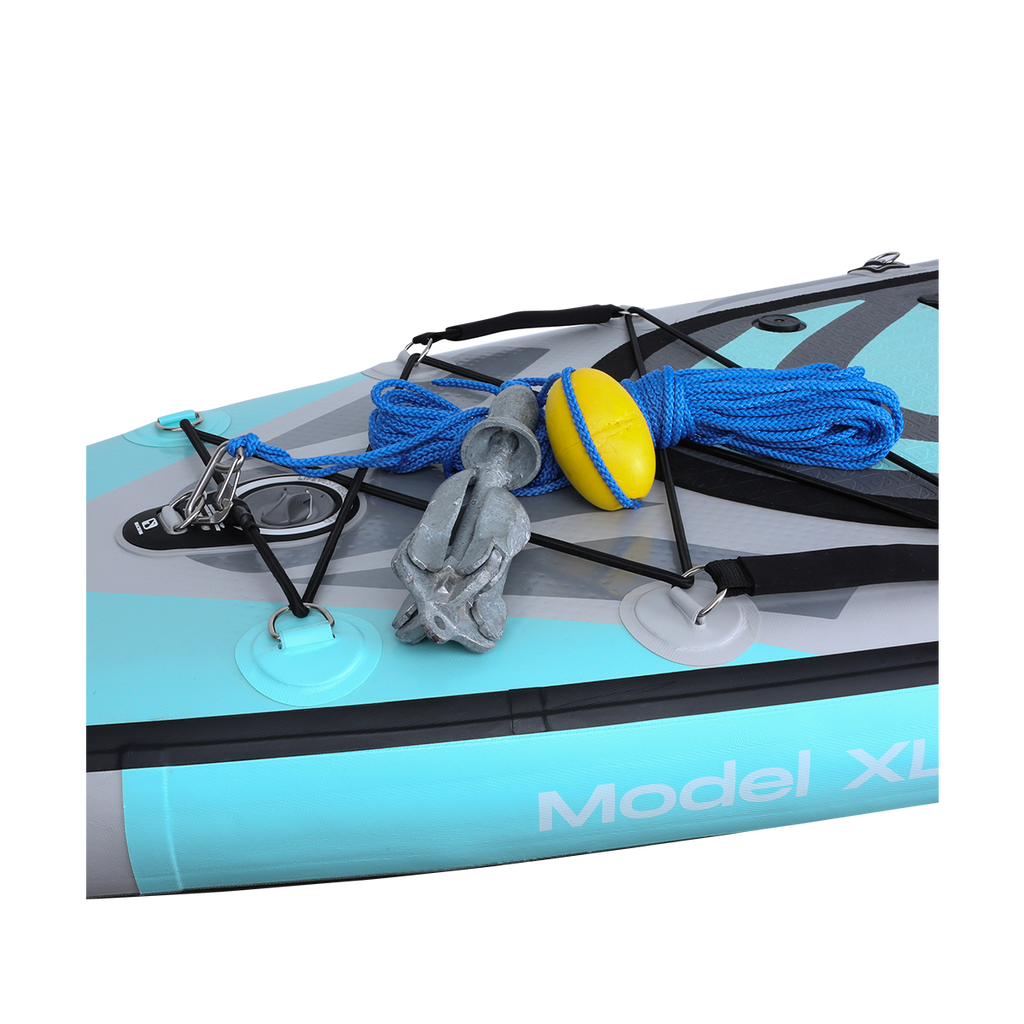 Anchor with rope on deck of paddle board