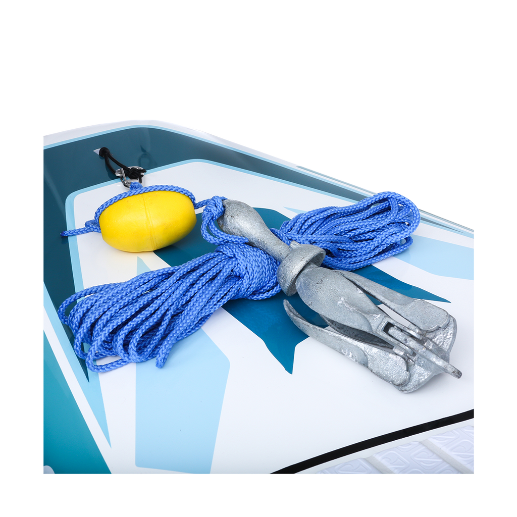 Anchor with rope on deck of paddle board